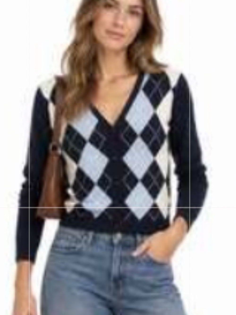 Brandy Melville Elizabeth Navy Blue Argyle Button Down V-Neck Cardigan
